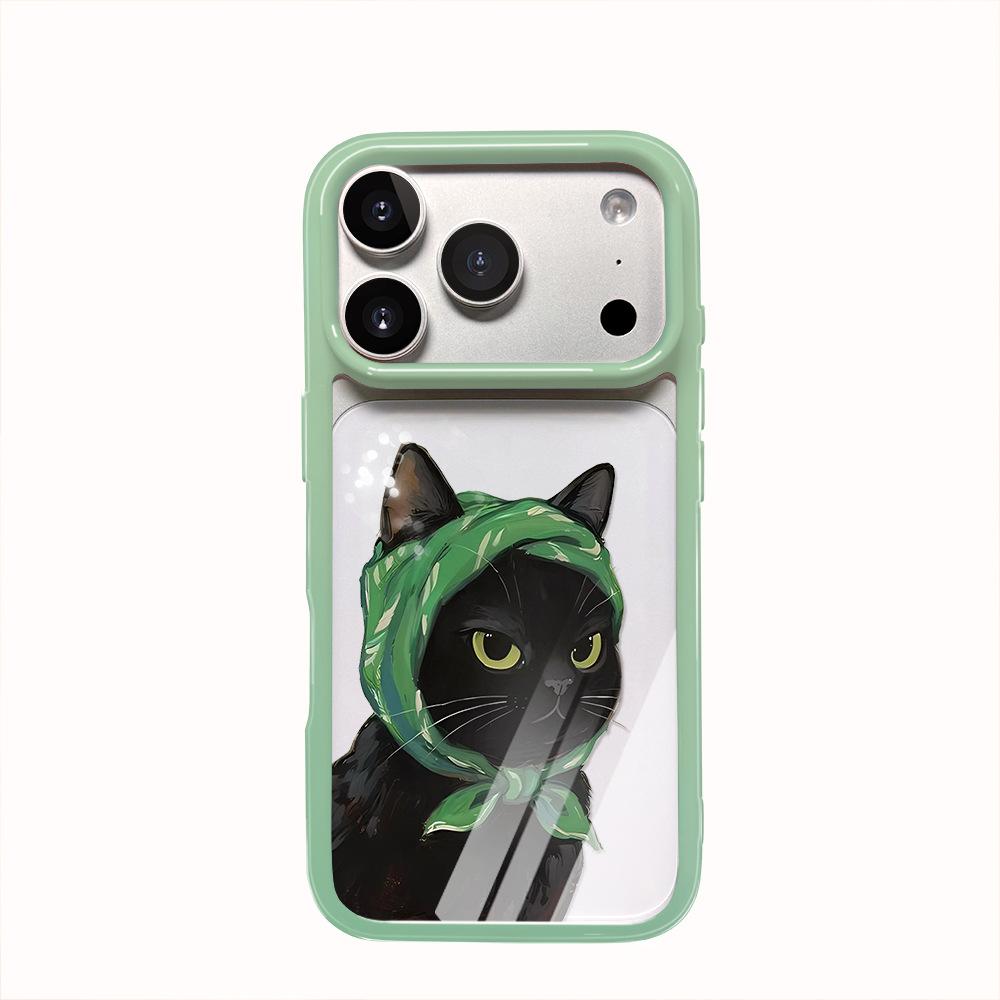 Green Headscarf and Black Cat Are Suitable for iPhone17Pro Mobile Phone Case, Anti-drop Apple 16/15 Transparent Protective Case 14 New Models.
