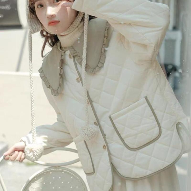 Women's Winter Retro Literary Academy Style Cotton Padded Jacket Thickened Warm Short Doll Collar Cotton Coat