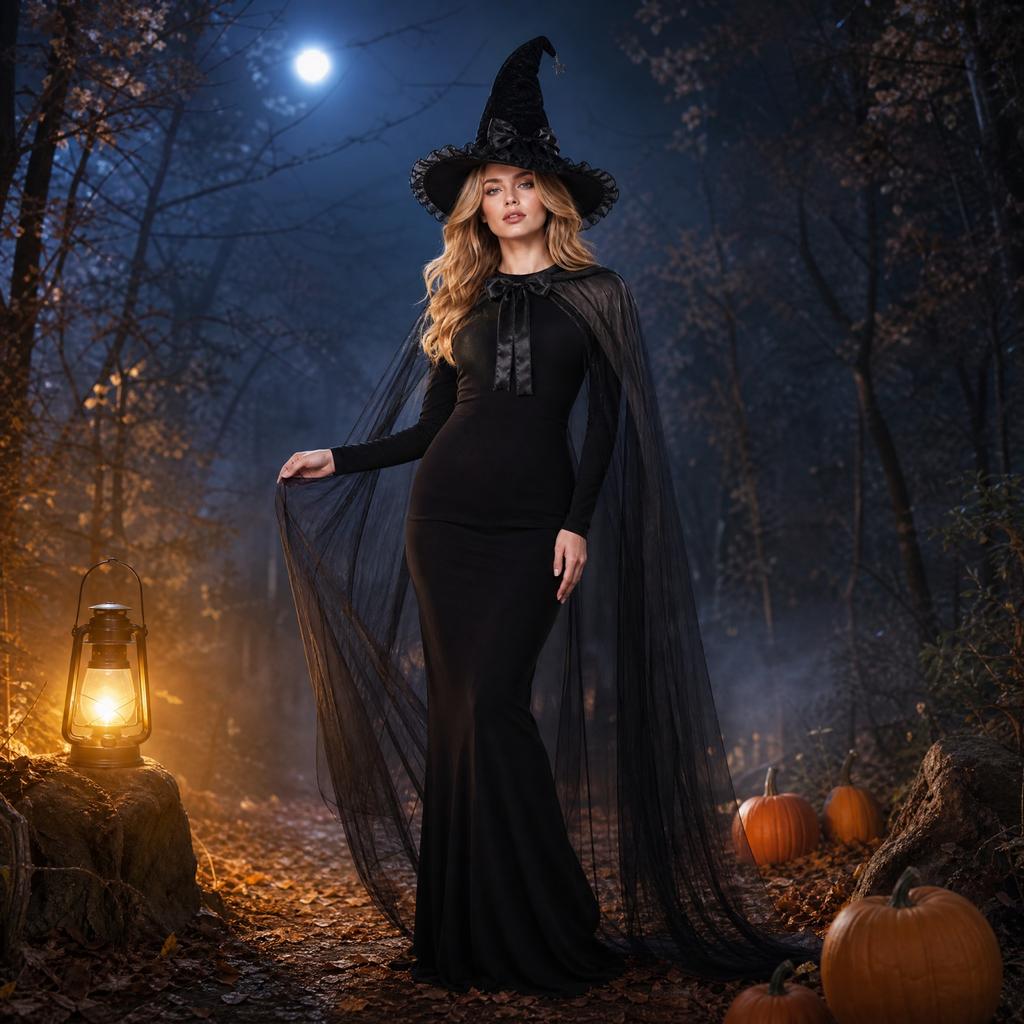 Women's Halloween Witch Hat and Cape Set with Hooded Mesh Cloak for Costume Party