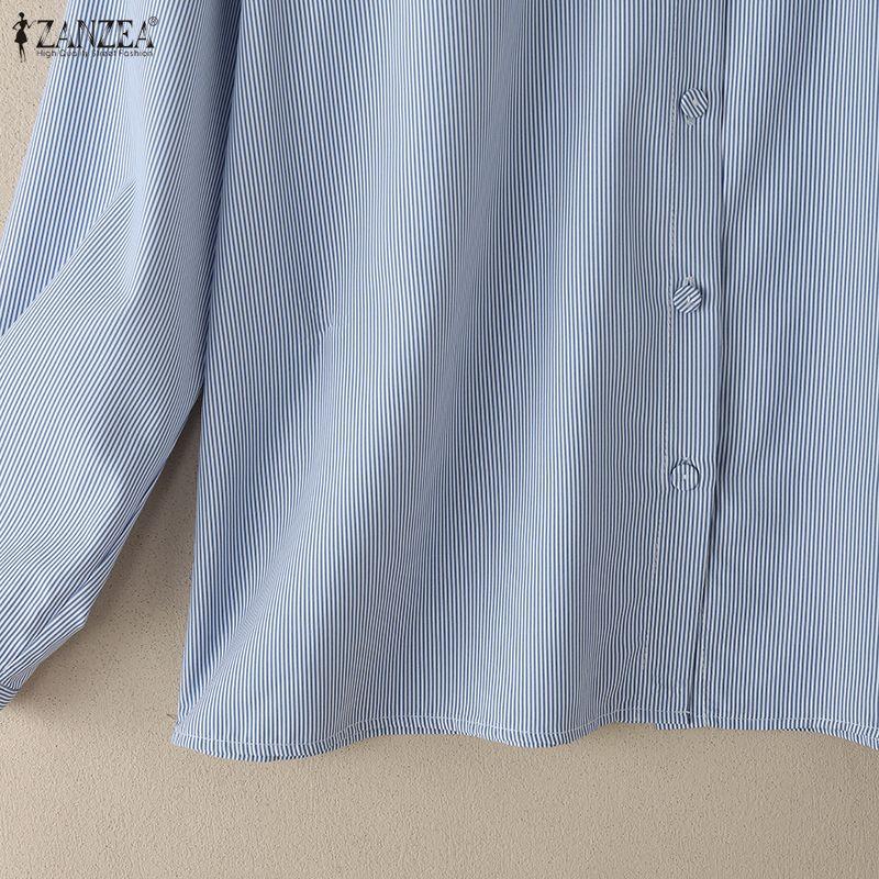 ZANZEA Women Casual Splice Turn Down Collar Long Sleeve Stripe Blouse