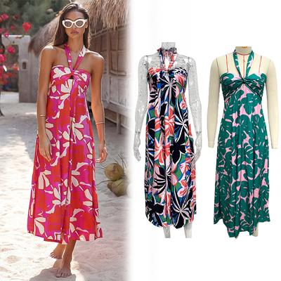 Women Summer Long Dress Casual Printed Mid-calf Sleeveless Halter Sundress