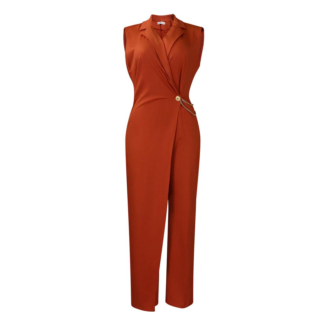 Women's Elegant and Elegant Suit Collar Waist Chain Loose Wide Leg Jumpsuit