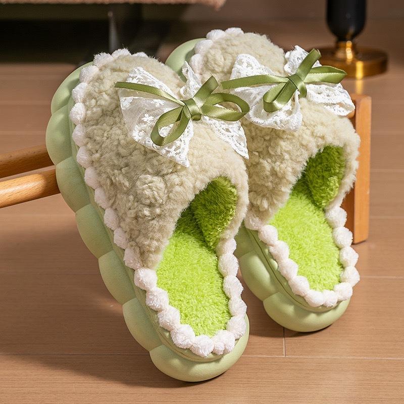 Women Bowknot Fuzzy Plush Thick Sole Warm Indoor Home House Slippers