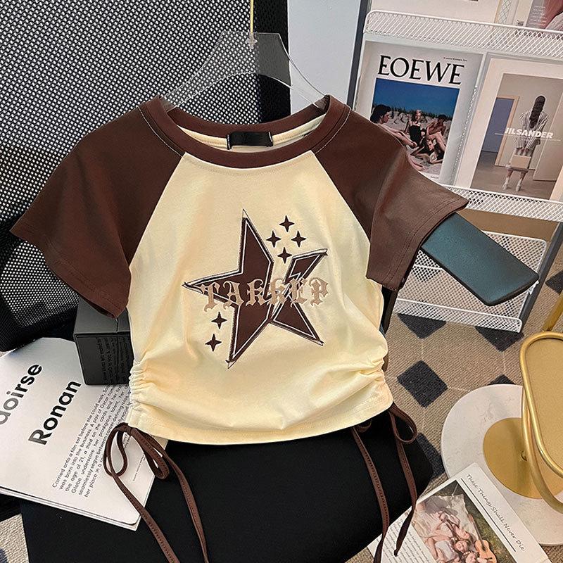 

Женская летняя футболка ретро с цветными блоками в виде звезд, реглан, с дизайном на шнуровке 3XL (Recommended for 130-140 lbs) кофейный