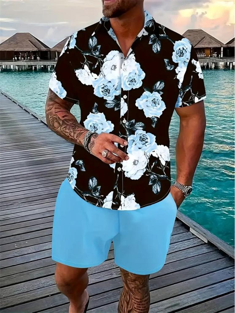 Hawaii Geometric Print Men's Shirt Casual Fashion Short Sleeve Shirt Shorts Set Men's Lapel Top Drawstring Shorts Two Piece Set