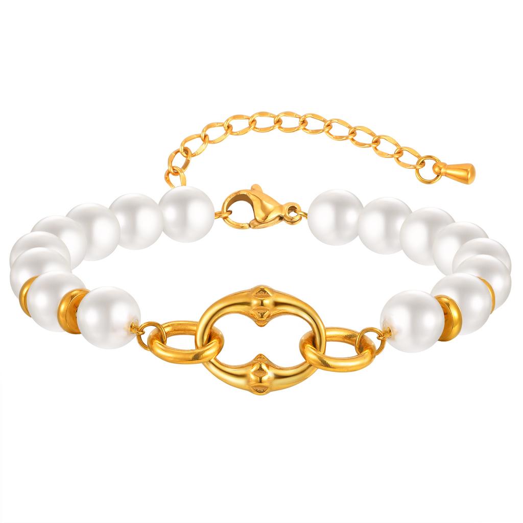 Fashion Personality Stainless Steel Rivet Oval Imitation Pearl Bracelet Gold Ladies Accessories 2399