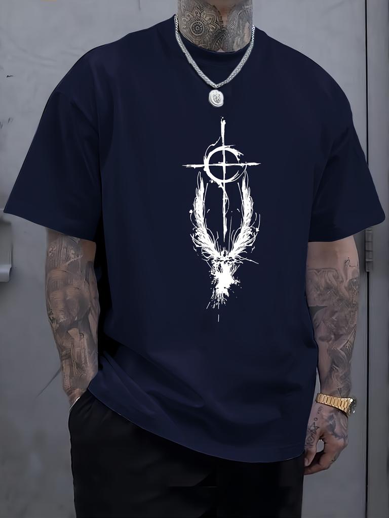 Unisex Summer Cotton Short Sleeve T Shirt Ink Splatter Cross Wing Target Print Crew Neck Abstract Street Casual Male Tee