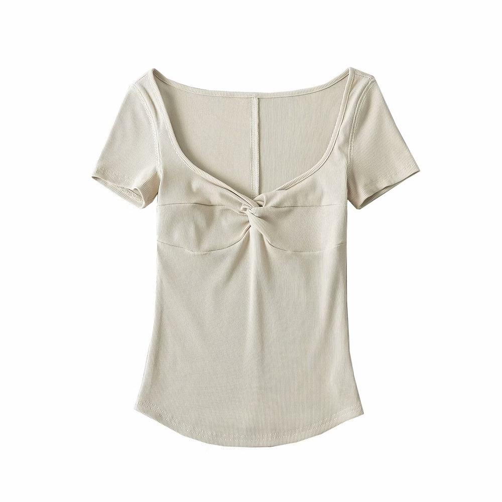 YPFF Women's Trendy Solid Color V-Neck Twist Knot American T-Shirt