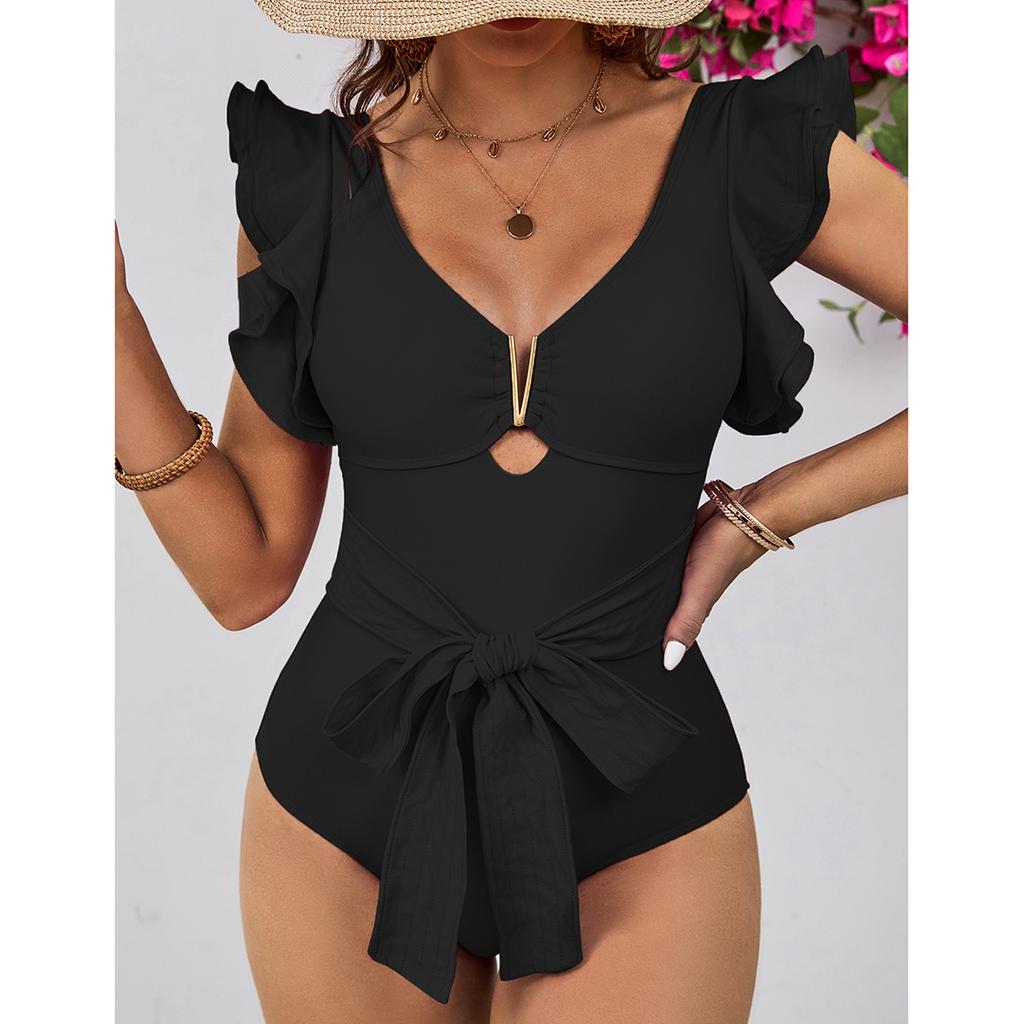 2025 New Sexy Ruffle Soild V-neck One Piece Strappy Slimming Swimwear Women  Swimsuit Deep-V Bathing Suit Beach Wear Monokini