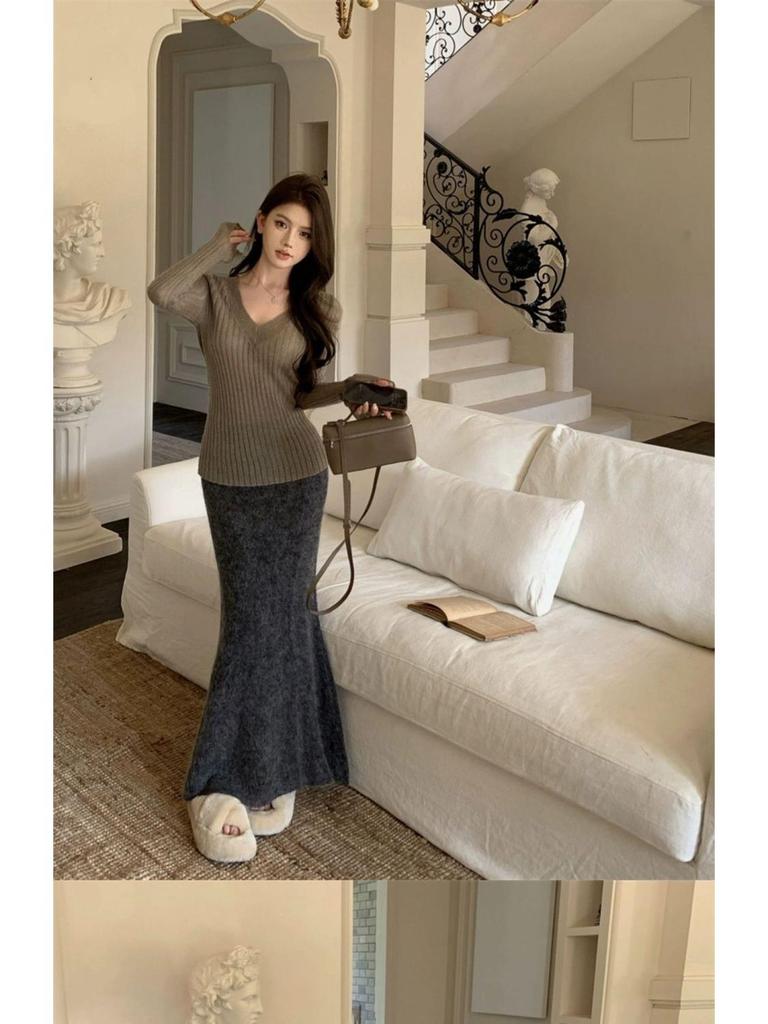 Pure Desire Vibe Sexy V-Ausschnitt Damen Strickoberteil mit ausgestellten Ärmeln - Herbst Winter Y2K Stil Pullover