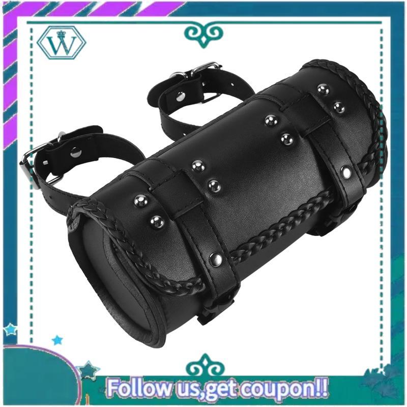 AA92-Motorcycle Fork Bag PU Leather Bicycle Handlebar Tool Pouch Sissy Bar Roll Storage Bag Saddle Bag, Universal