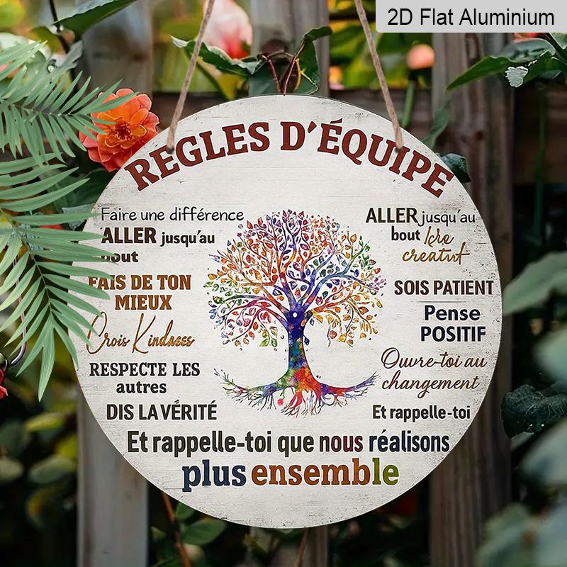 2D Flat, 1pc 7.87x7.87 Inch Round French Aluminum Sign, a Vintage Decorative Plaque About "Team Rules, " a "Positive Thinking" Decorative Sign