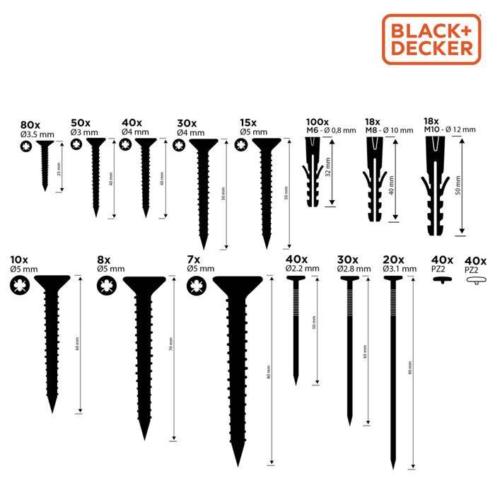 Set of Nails, Dowels and Screws - BLACK+DECKER - 560 Pieces - Stainless Steel - Storage Box