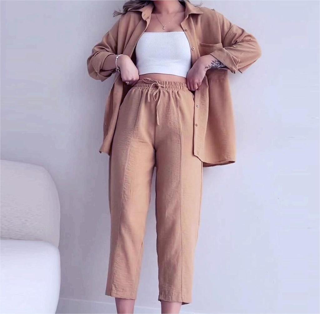 2024 European & American Women's Summer Crinkle Long Sleeve Shirt & High Waist Wide Leg Pants Set