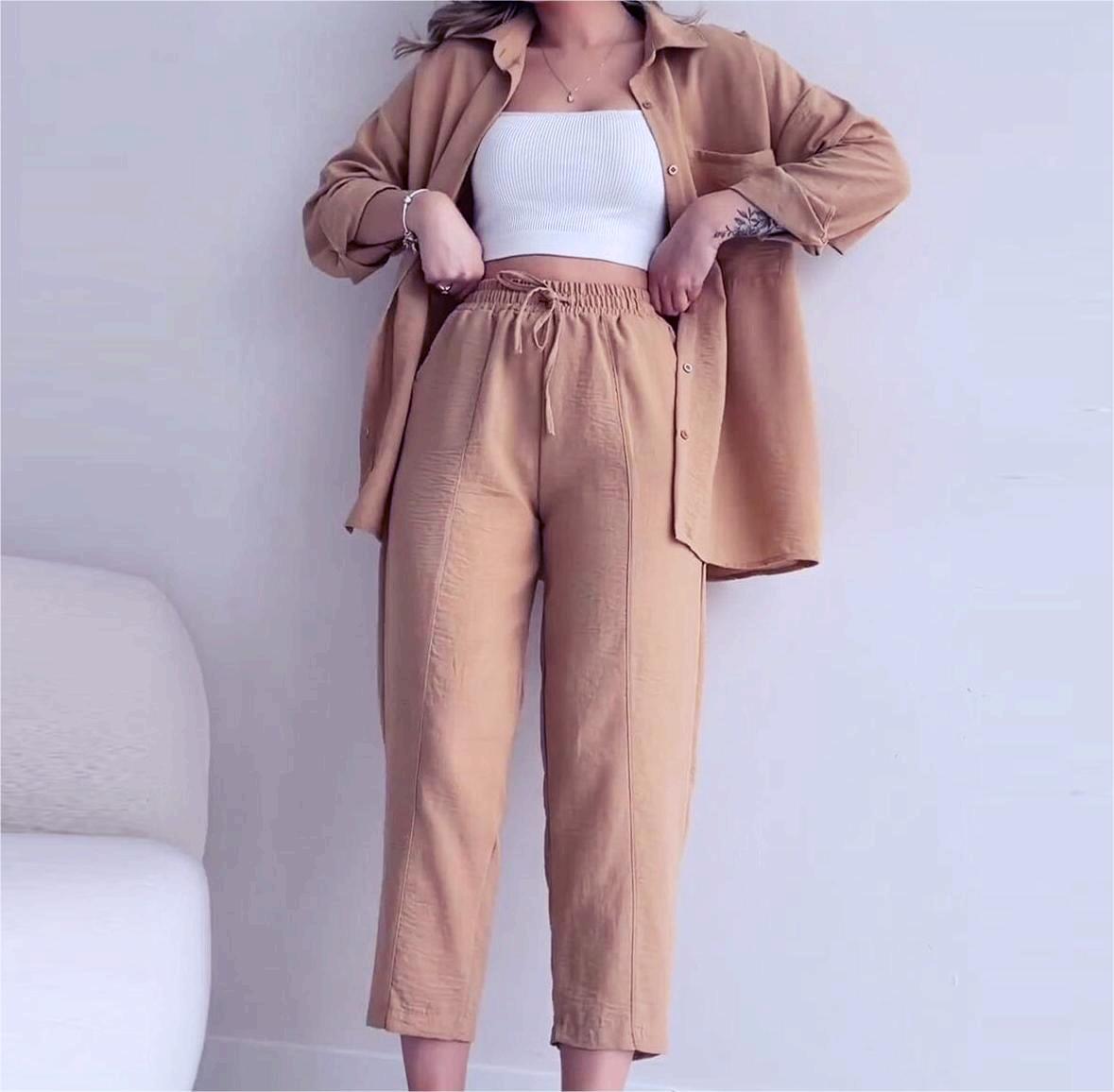 

2024 Европейский и американский женский летний комплект из мятой рубашки с длинным рукавом и брюк с высокой талией и широкими штанинами XXL хаки