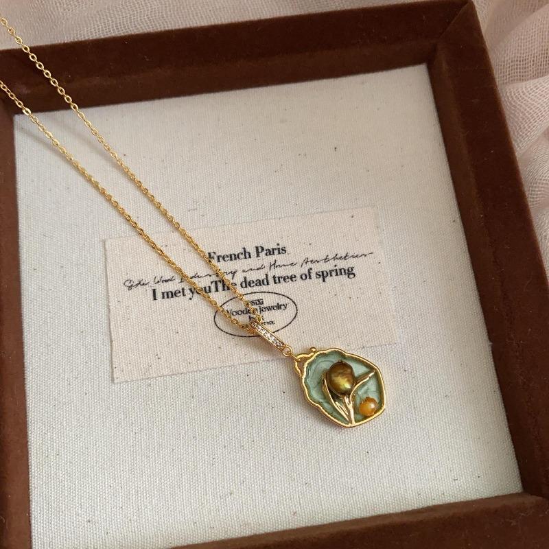 Retro Freshwater Flower Oil Painting Niche Design, Thin Necklace, Simple Female Collarbone, Chinese National Style, Light Luxury Temperament