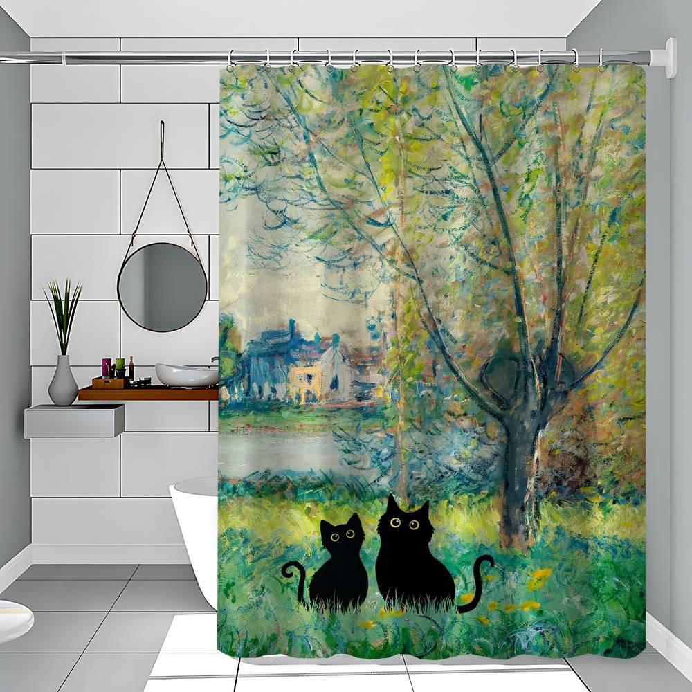 Claude Monet Artworks Interesting Cute Black Cat Simple Shower Curtain Bathroom Shower Curtain Easy To Clean Scrub Polyester
