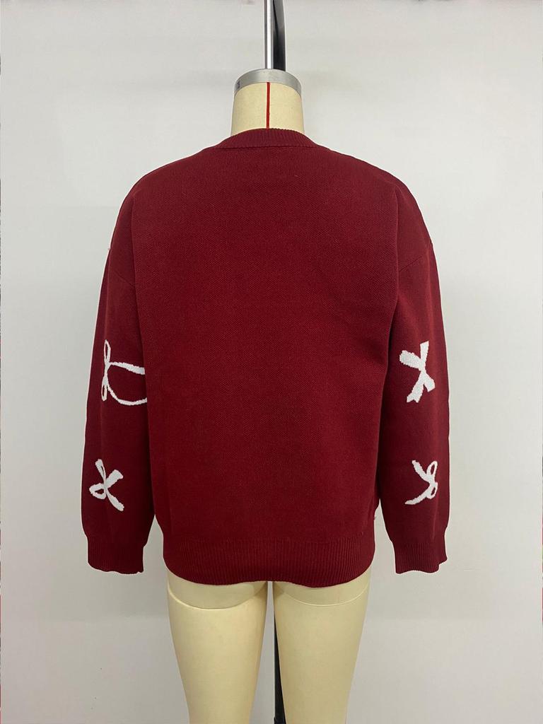 Tiktok Style Women's Long-Sleeved Christmas Bow Jacquard Sweater for Autumn and Winter