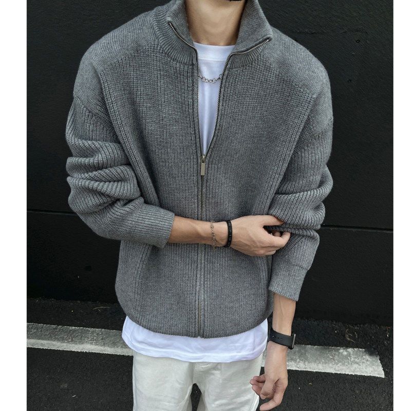 No Logo Official Lazy Style Sweater for Men, Autumn and Winter Double Zipper Cardigan, Stand Collar Knitwear Jacket for Boys