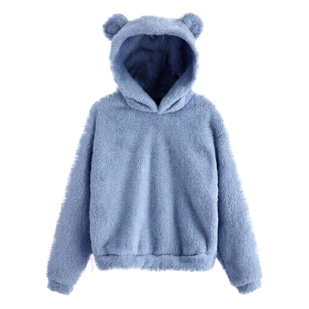 Women's Fashion Long Sleeve Solid Color Fleece  Ears Hooded Warm Sweater Sweatshirt