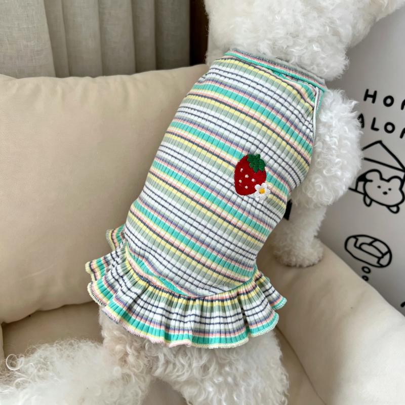 Dog Dress Girls 2 Set Dog Summer Clothes Cooling Skirts Puppy Dresses Striped Strawberry Print Cat Dog Clothing Chihuahua Outfit