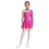Girls Sparkle Rhinestones Figure Skating Costume Color Block Mesh Patchwork Long Sleeve Keyhole Back Dance Dress