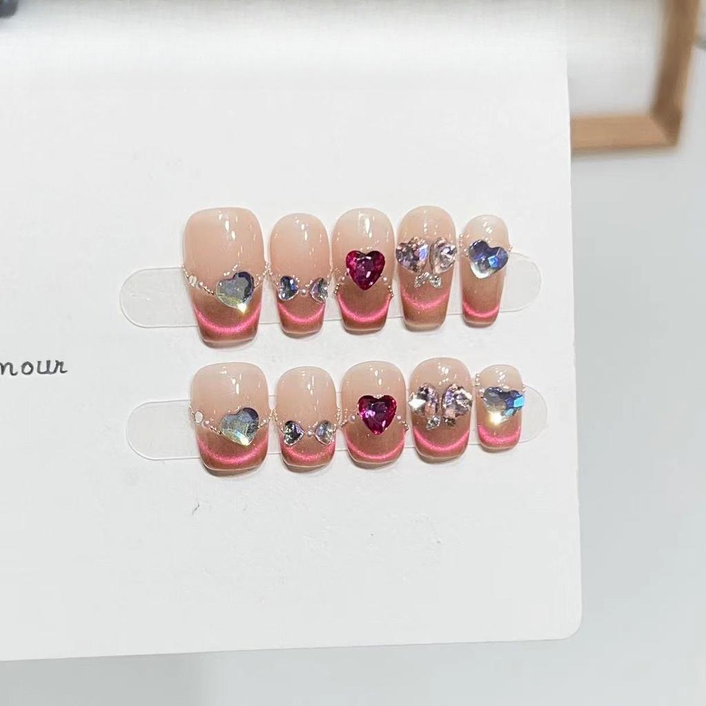 Rose's Story Manicure Wearing Armor Handmade Fake Nail Patch Ice-Transparent Cat Eye French Love Diamond