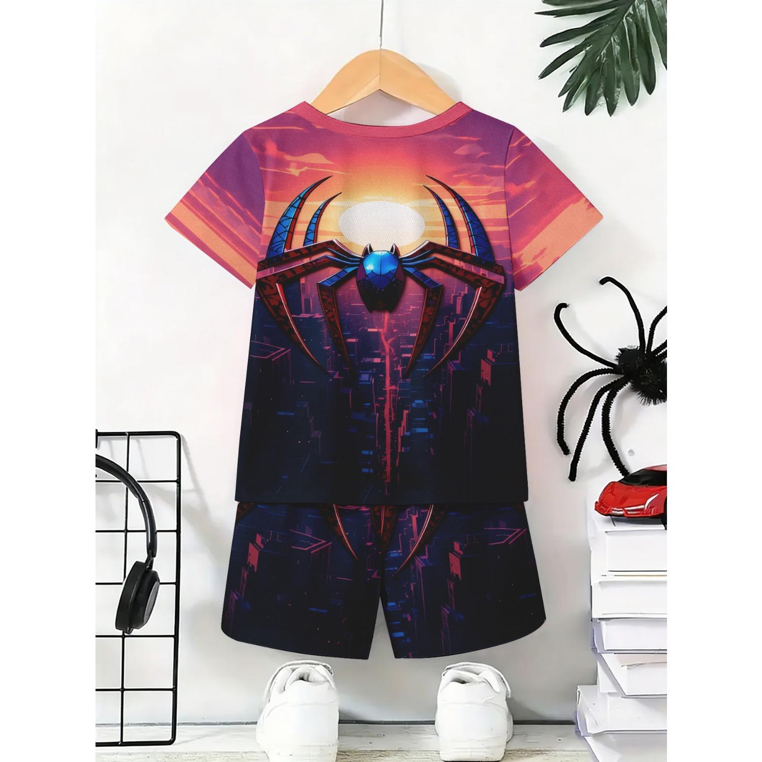 

New summer short sleeved T-shirt cartoon casual spider print set shorts children s clothing fashionable boys and girls 5-6 Years