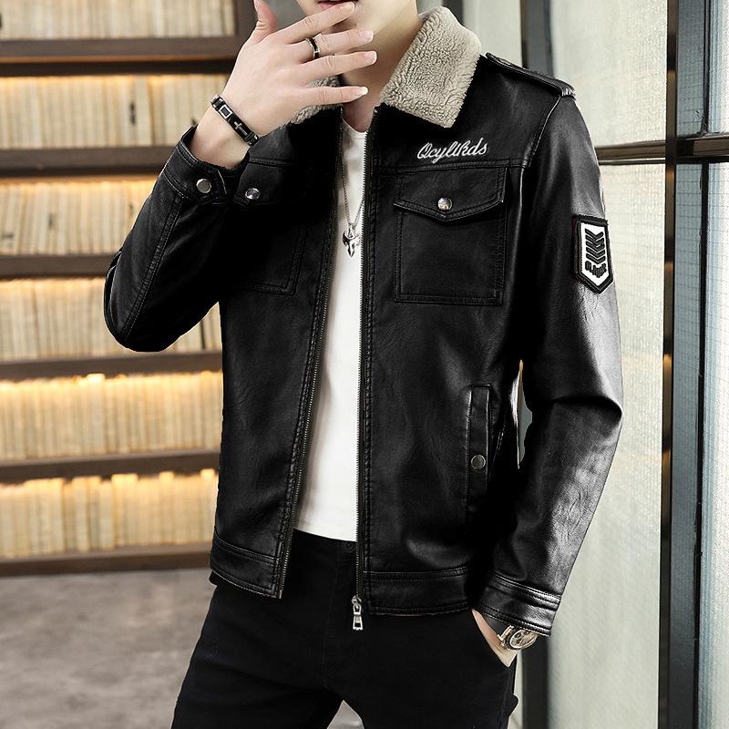 New men's leather jacket, Korean version, slim, trendy, young and handsome, casual winter plus fur collar leather jacket