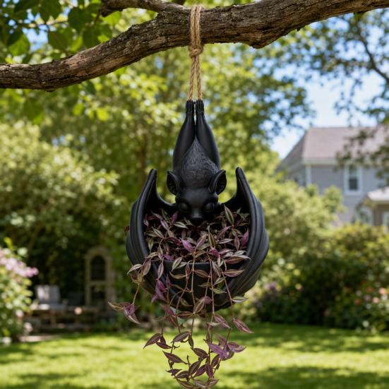 Outdoor Hanging Succulents Container Bat Plant Pot, Gothic Planter for Flowers & Vines, Unique Black Garden Decor, Balcony Patio Window Hanger, Indoor