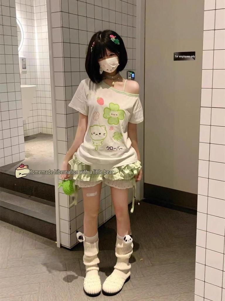 Grün & Weiß Karierter Elastischer Schleifenspitzen-Skort - Niedlich, Vielseitig, Petite, Sommer 2025 Edition