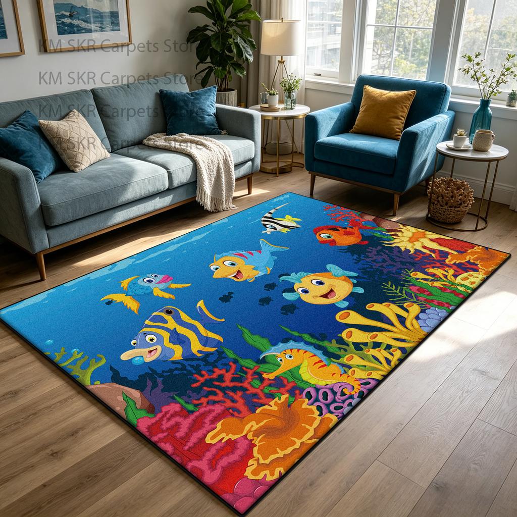 3D Ocean World Living Room Carpet Cute Lounge Décor Machine Washable Non-slip Lounge Rug Soft Fluffy Bedroom Bedside Mat Custom