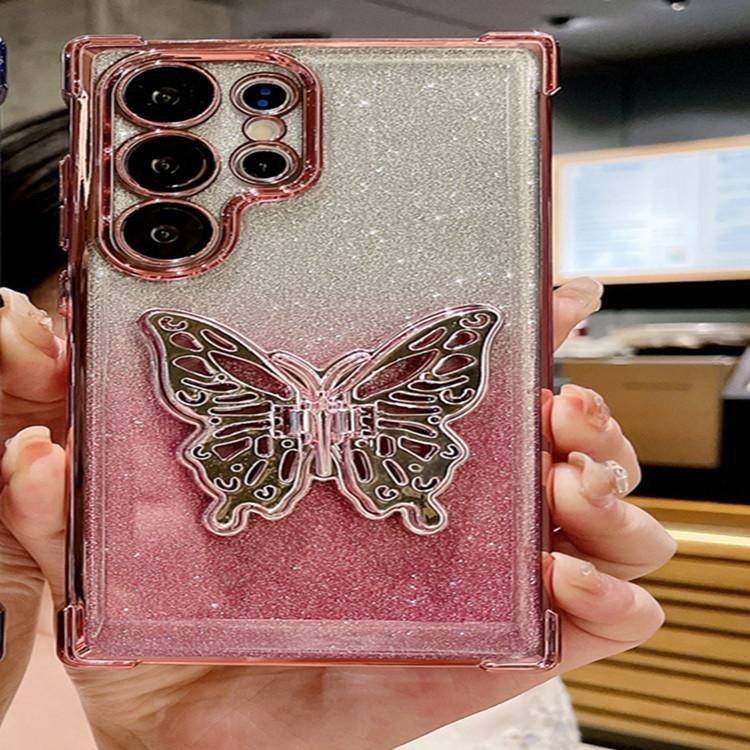 Military-Grade Shockproof Case for Samsung S25 S24 S23 S22 S21 Ultra with Butterfly Kickstand, Sparkling Phone Case for Samsung A17 A36 A07 A56 A55
