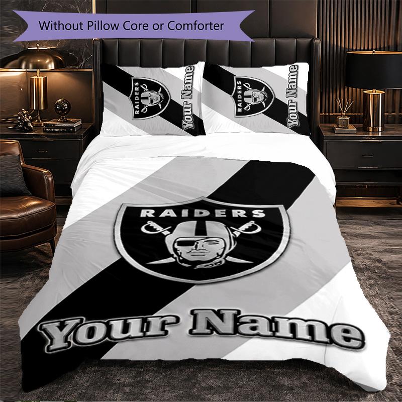Las Vegas Raiders Customized Name Text Bedding Set, 1 Duvet Cover & 2 Pillowcases Personalized Bedroom Gift