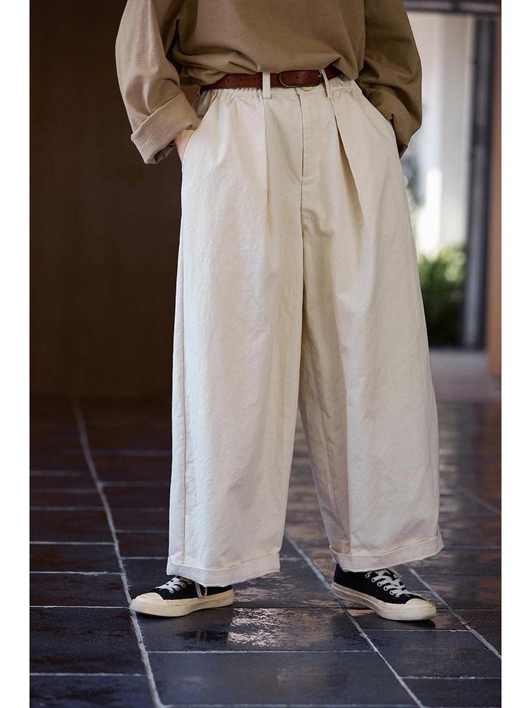 New Folk Craft Jade White Retro Wide-Leg High-Density Elastic Waist Long Pants for Autumn/Winter