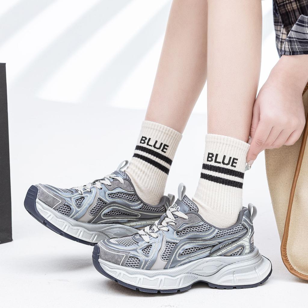 2025 Spring New Trend Thick-soled Dad Shoes Gray Heightened Polish Old Sports Shoes Simple Casual Shoes Women