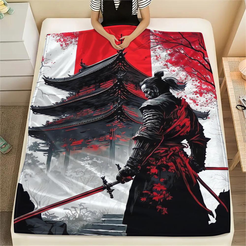 1Pc Japanese Samurai Print Flannel Blanket, High quality Comfortable for All Seasons, Home Decor, Warmth and Comfort, Perfect for Christmas Gifts