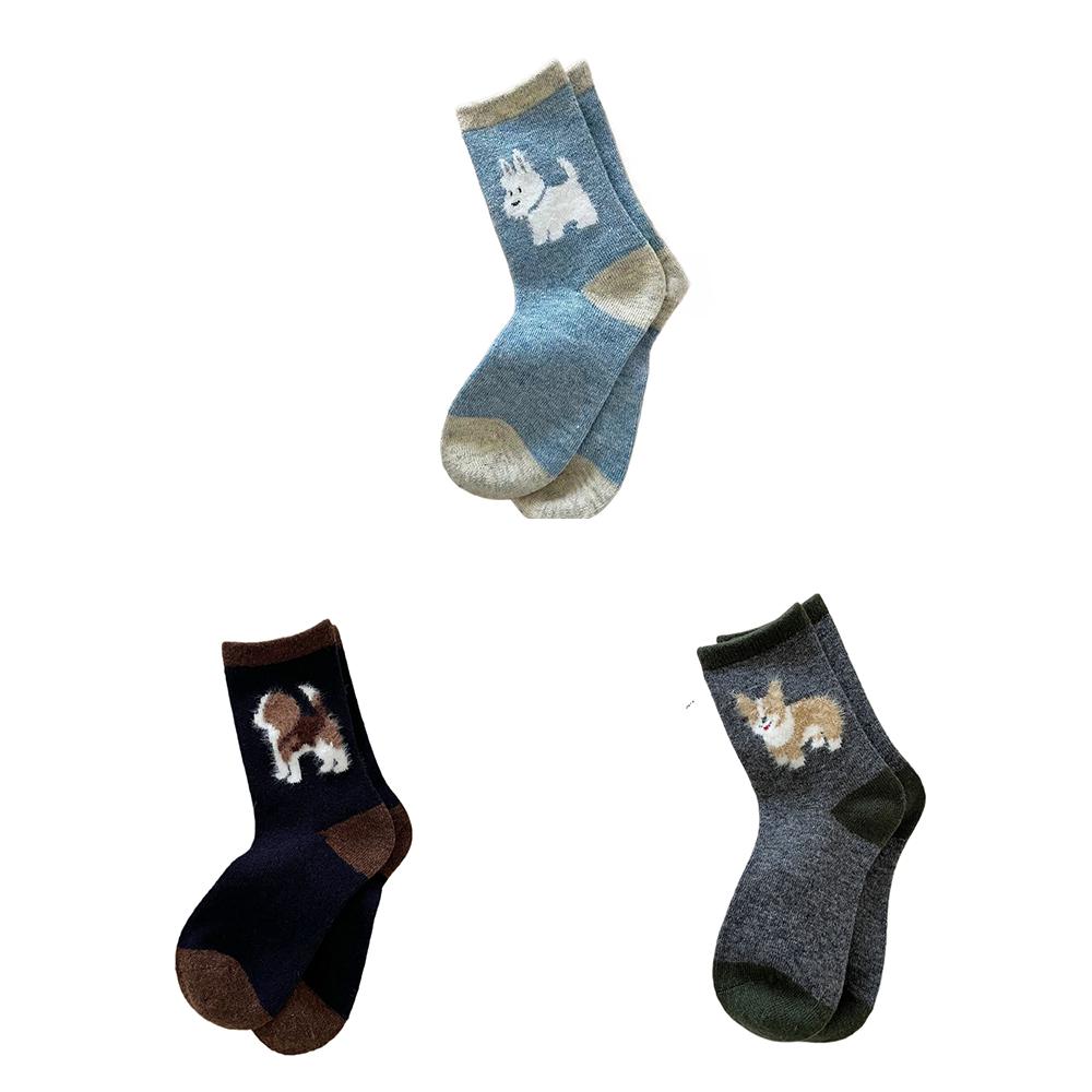 3 Par Söta Valp Fleece Strumpor Dam Höst och Vinter Tjocka Varma Mellanlånga Strumpor Parti