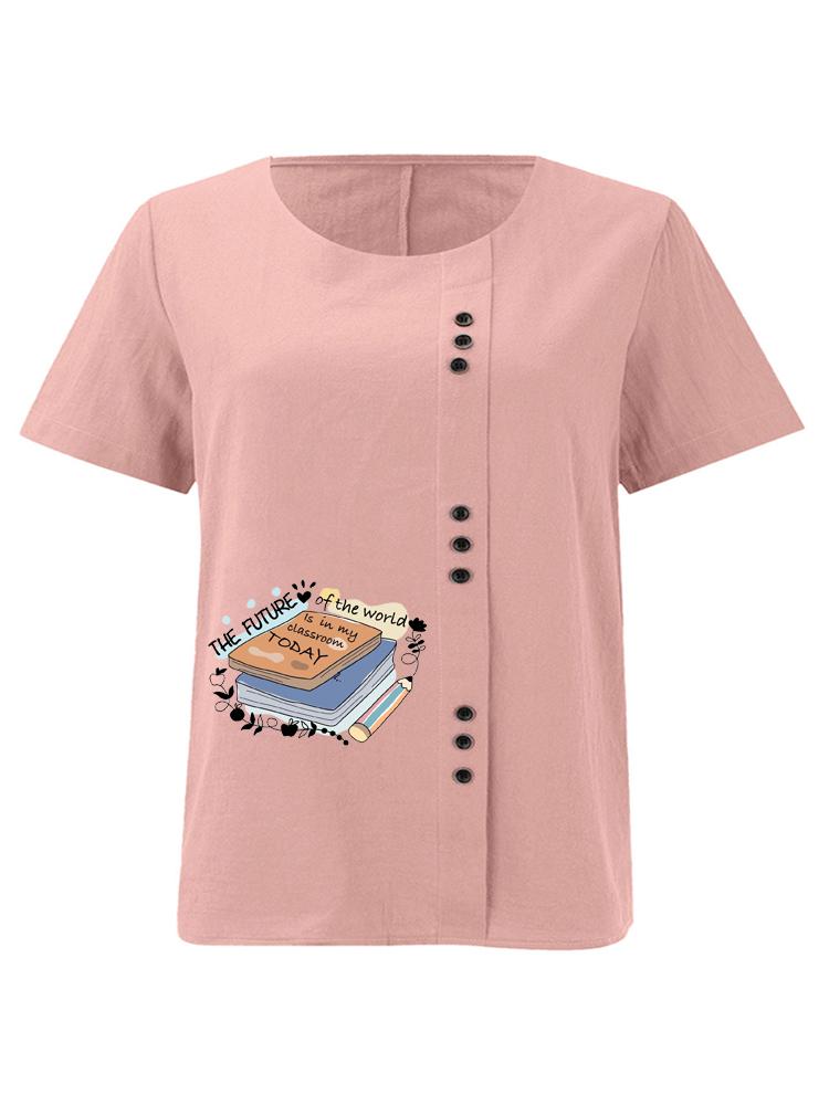 Women's Fashion Book Letter Pattern Print Round Neck Short Sleeve T-shirt Casual Cotton Linen Graphic Shirt Leisure Loose Summer Blouse Tops