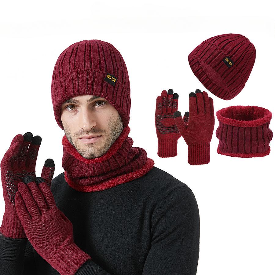 Herren Strickmütze, Schal, Touchscreen-Handschuhe, Dreiteiliges Set, Winterverdickt, Hochelastisch, Warmes Set