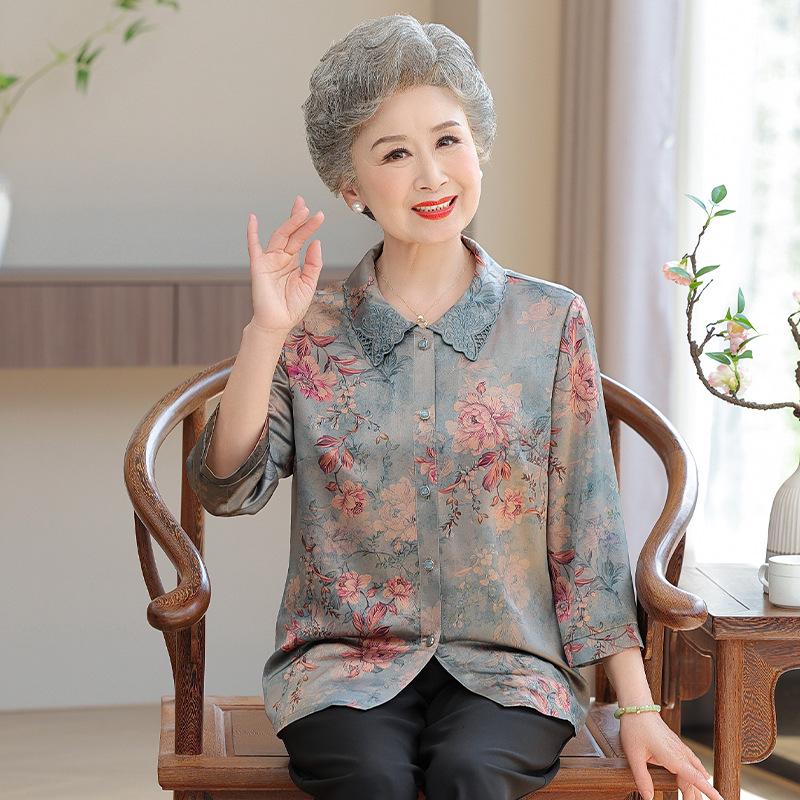 Silk Three-Quarter Sleeve Summer Top for Elderly Women