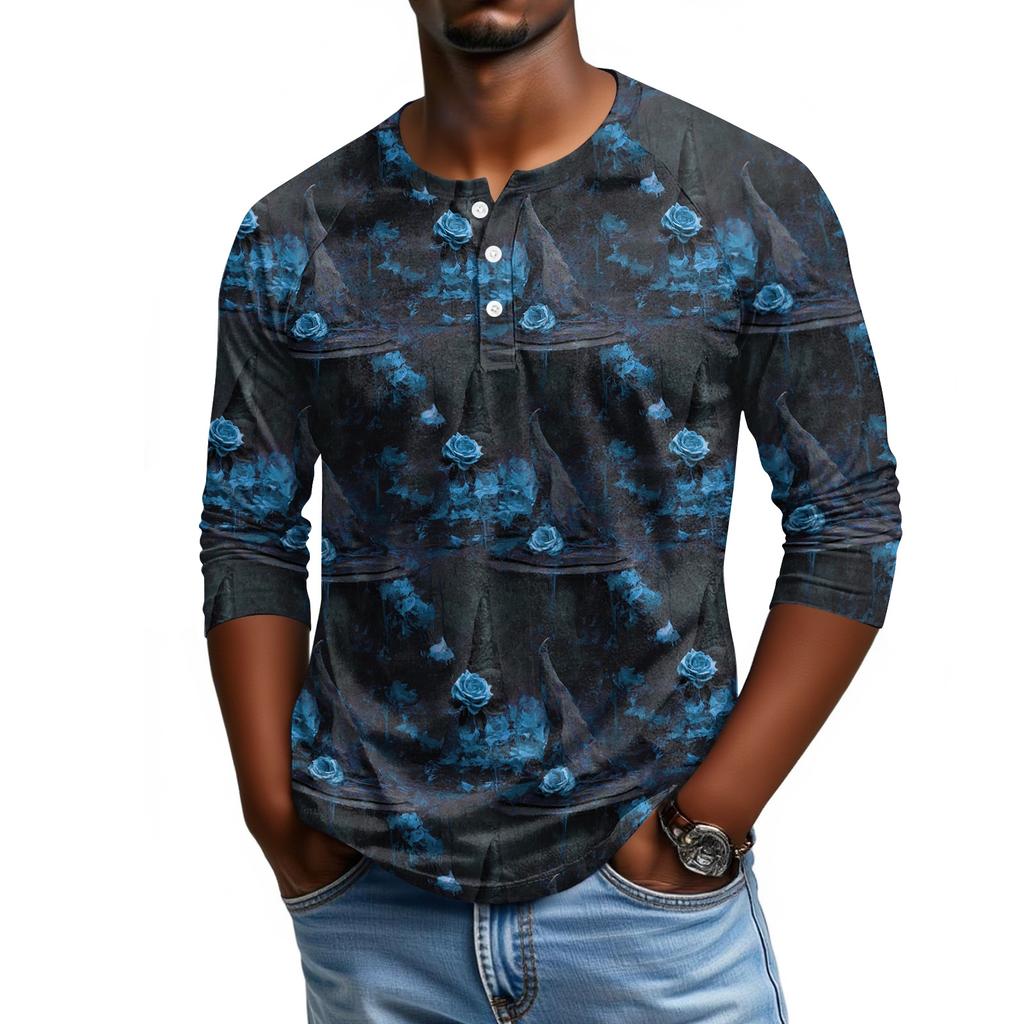 Men's Casual Halloween Print Raglan Sleeve Henley Shirt Three Quarter Sleeve Lightweight Top for Everyday Wear