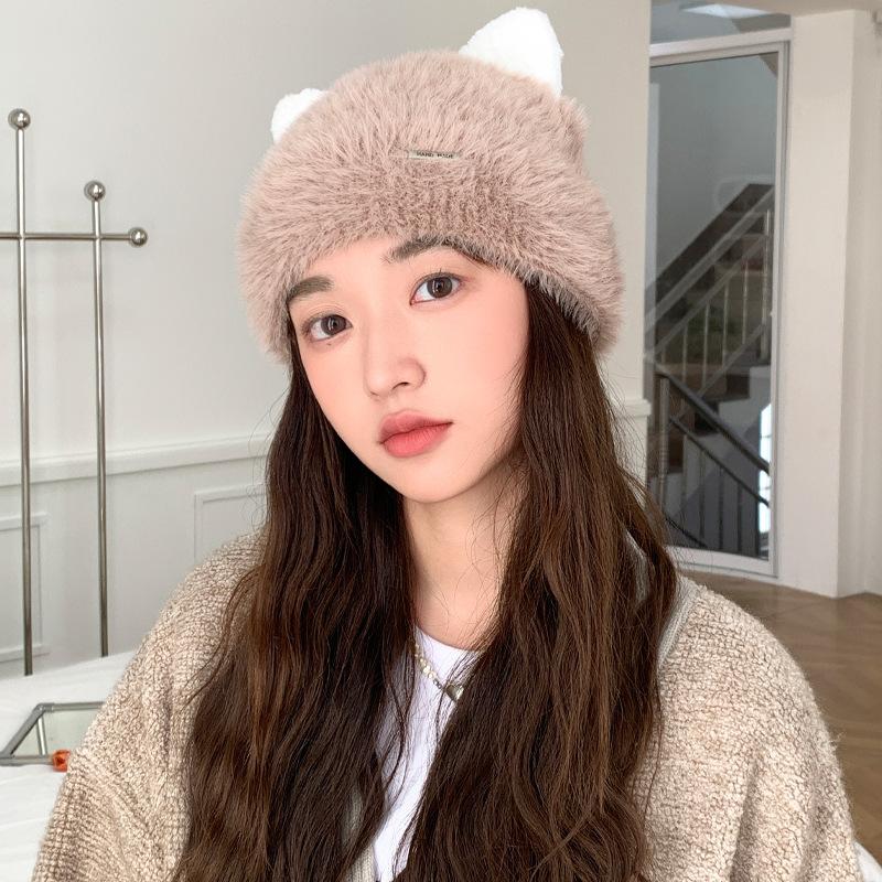

Корейская версия новой осенне-зимней шапки для женщин, милая шапка из вязаной шерсти с ушками из искусственного норкового меха, однотонная, универсальная, теплая студенческая шапка One Size