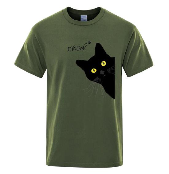 Meow Black Cat Funny Cotton Printed Unisexs and Womens Personalized Tshirt New Fashionable Loose Casual Round Neck Tshirt