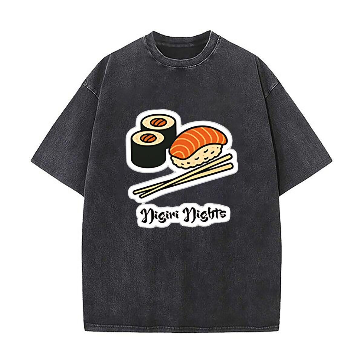 

never enough sushi cute design Heavy Men Washed Casual Cotton Short Sleeve Acid Wash Top S