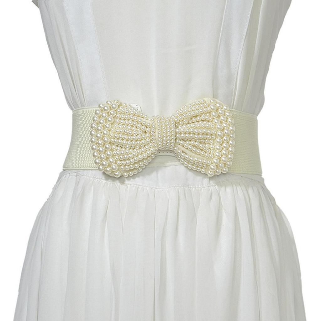 Women's Elastic Wide Belt Pearl Waist Cover Versatile Dress Decoration High Quality Wide Pearl Bow Belt