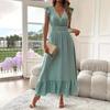 Women's Summer V-Neck Ruffle Short Sleeve Maxi Dress Shirred Elastic Waist Flowy Casual Beach Vacation Sundress