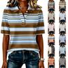 Dames Casual Gestreept Print Shirt Korte Mouw Polokraag Knopen Patchwork Top Lichtgewicht Ademend Stof Zomerkleding