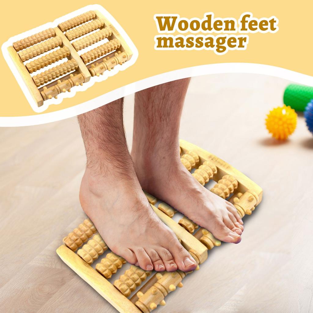 Wooden Foot Acupoint Roller Massager Natural Wood Five-row Foot Ball Cross-border Warp Dredging Massage Wheel