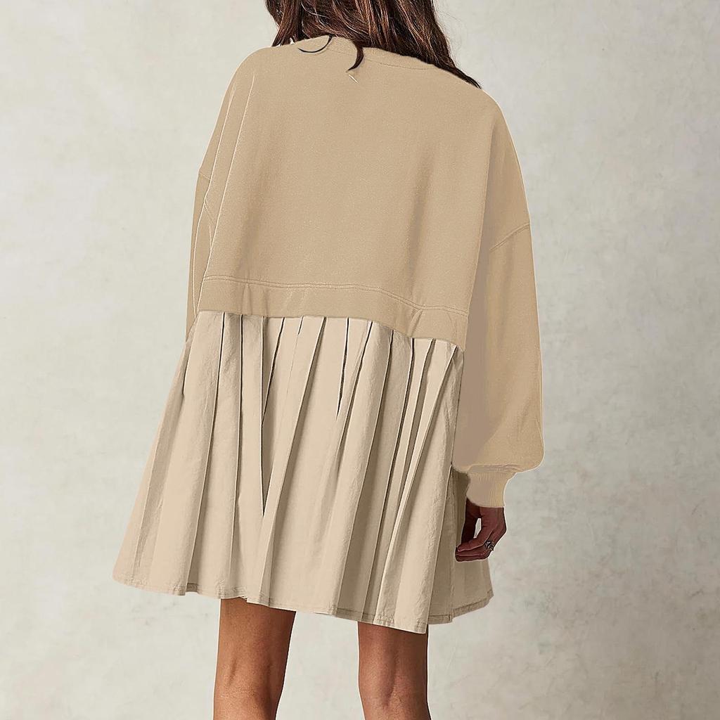 Women's Solid Color Patchwork Pleated Hoodie Dress - Autumn/Winter 2026 Collection